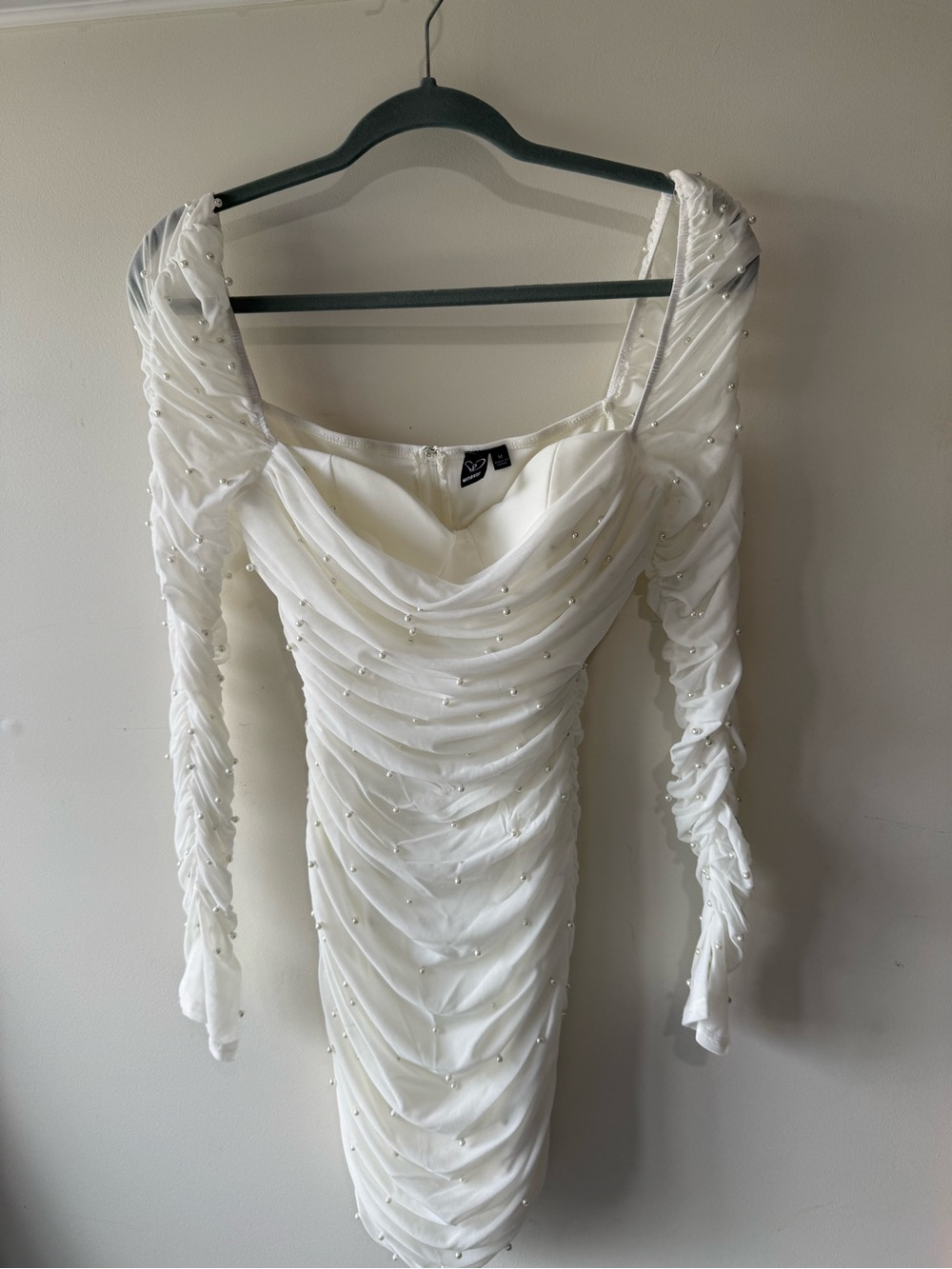 Windsor Bridal White Ruched Pearl-Embellished Long Sleeve Mini Dress